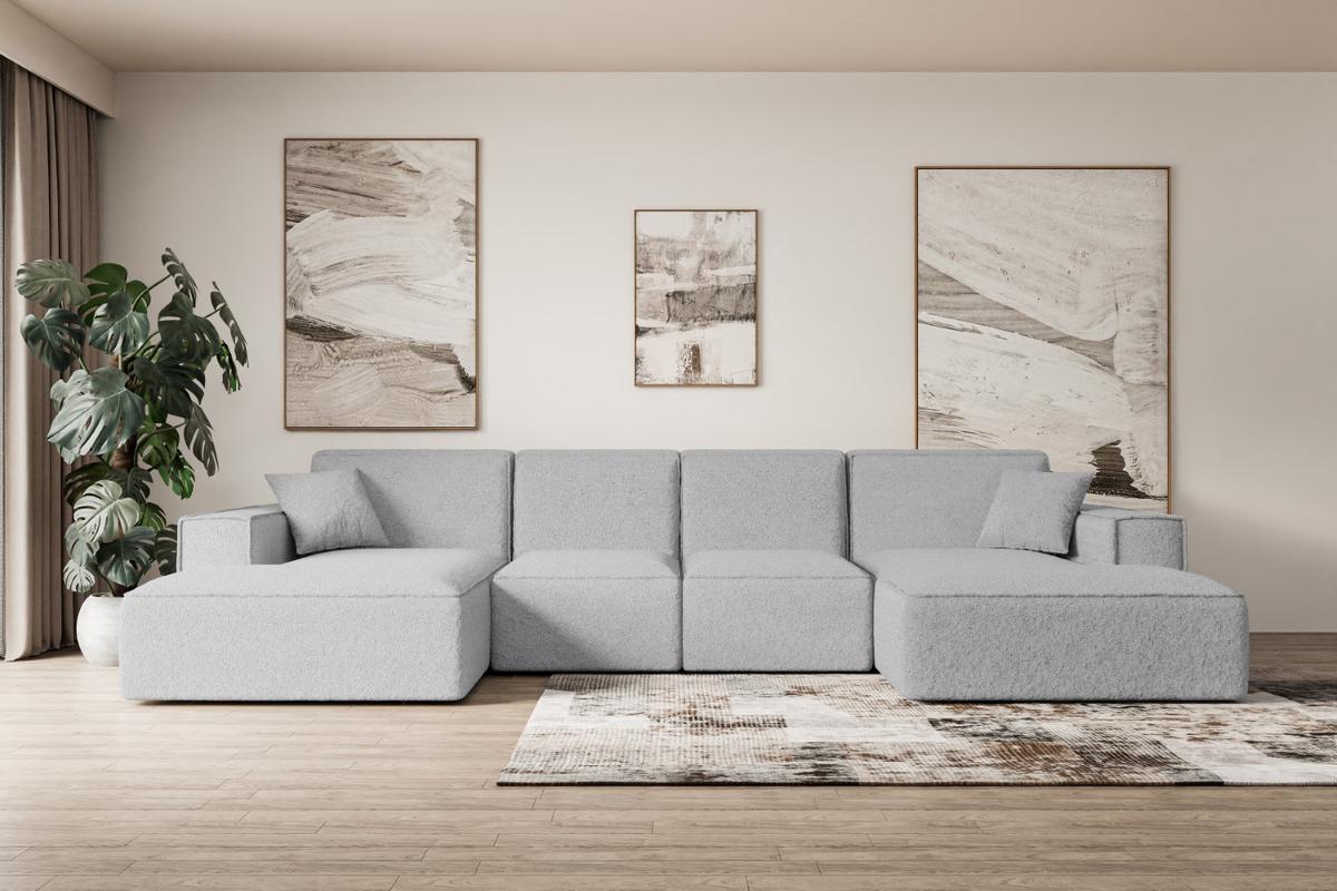 WOHNLANDSCHAFT SIERRA-U - 349x169x80 cm Hellgrau Bouclé - Hellgrau/Schwarz, Holzwerkstoff/Kunststoff (349/80/169cm) - ALTDECOR