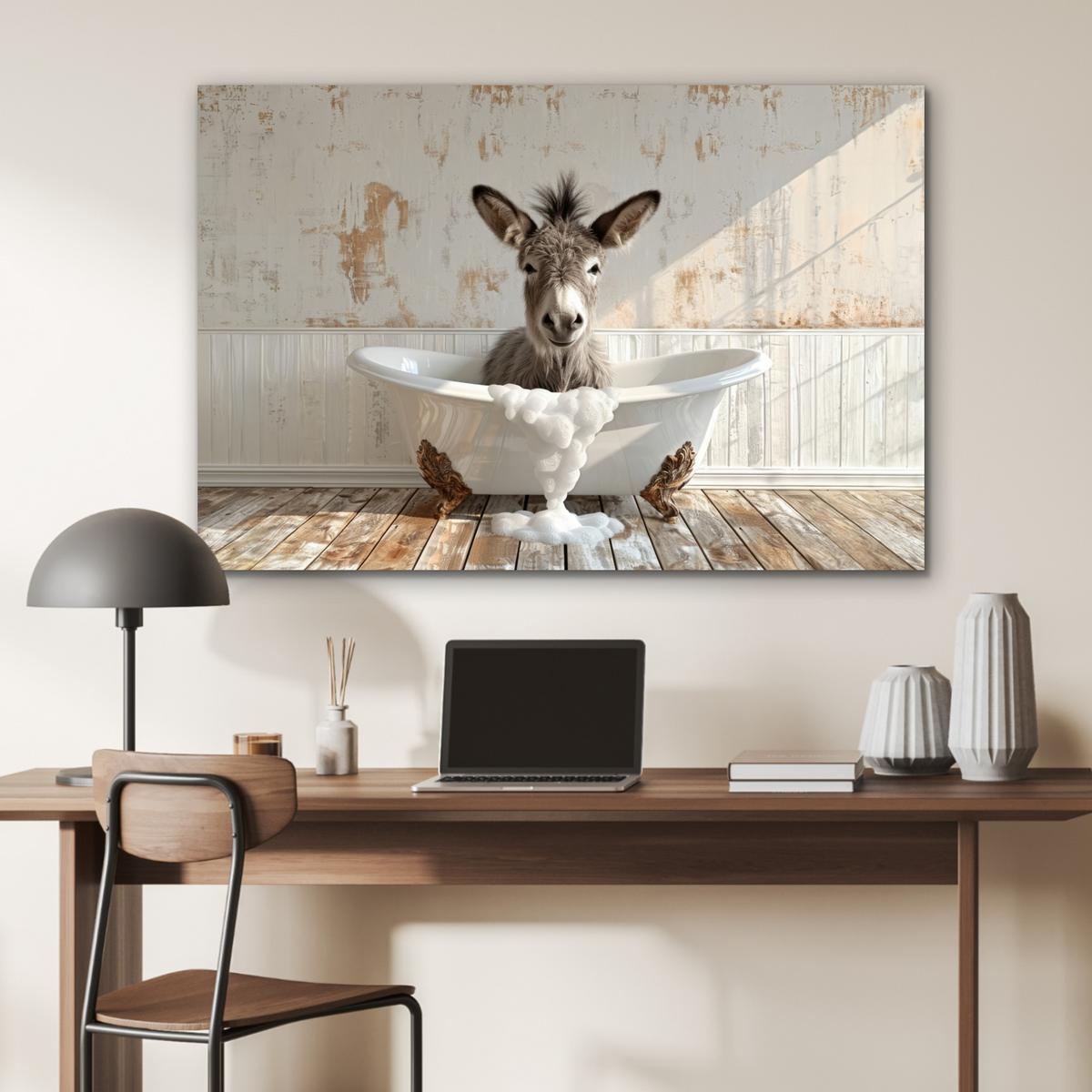 METALLBILD Esel - Tiere - Badewanne - Schaumstoff Wanddeko 90x60 cm - Weiß, Metall (90/60cm) - MuchoWow