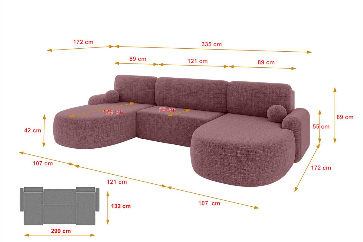 WOHNLANDSCHAFT mit Schlaffunktion und Bettkasten LIRA-U - 335x172x89 Altrosa - Altrosa, Holzwerkstoff/Textil (335/89/172cm) - ALTDECOR