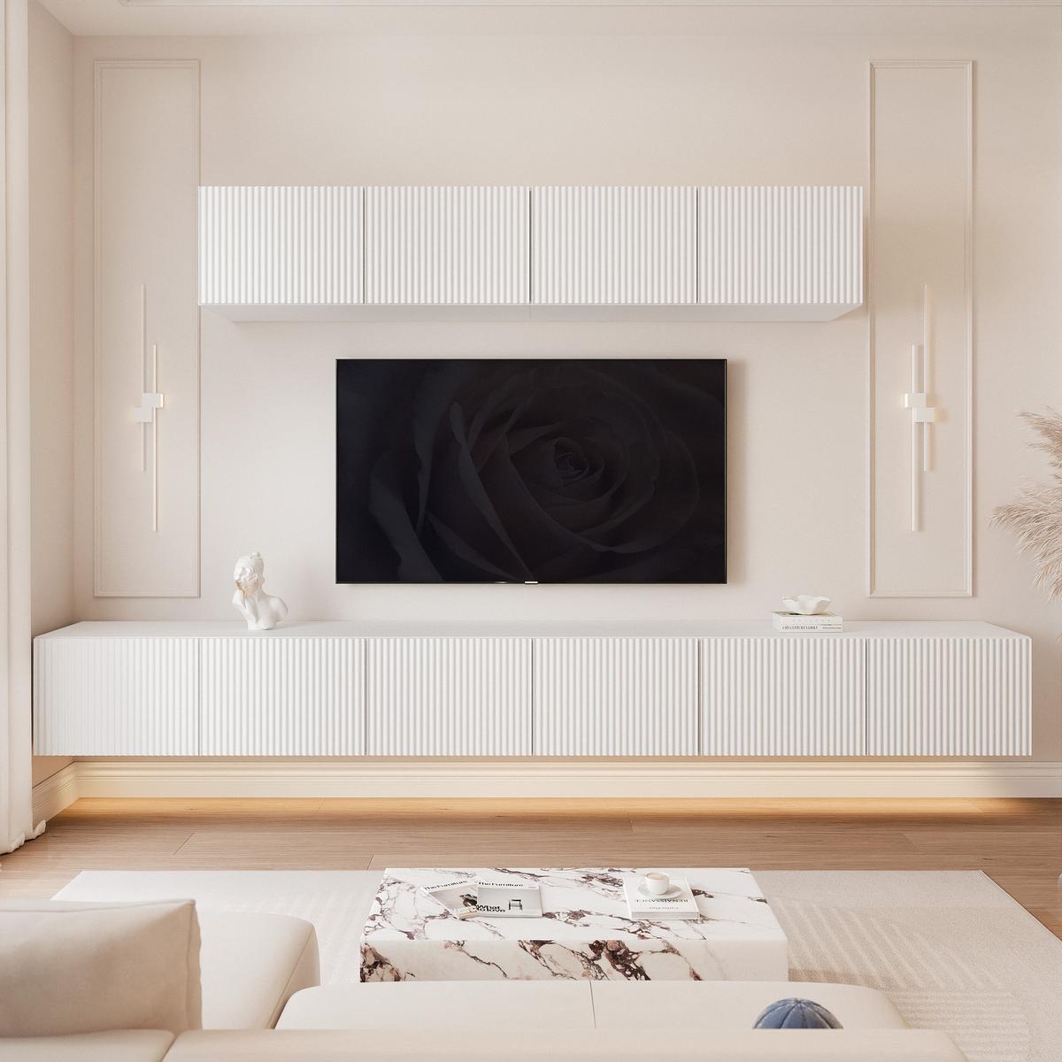 WOHNWAND ANGEL IV Mattweiß hängend mit LED-Beleuchtung 300 cm - Weiß, Holzwerkstoff (300/36/40cm) - Idohome