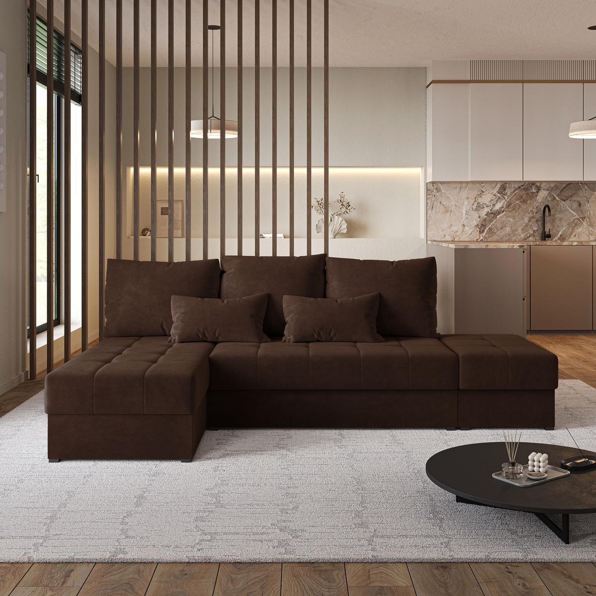 ECKSOFA NORVI Braun Plüsch-Stoff mit Schlaffunktion - Braun, Holz (251/143cm) - MASSENO
