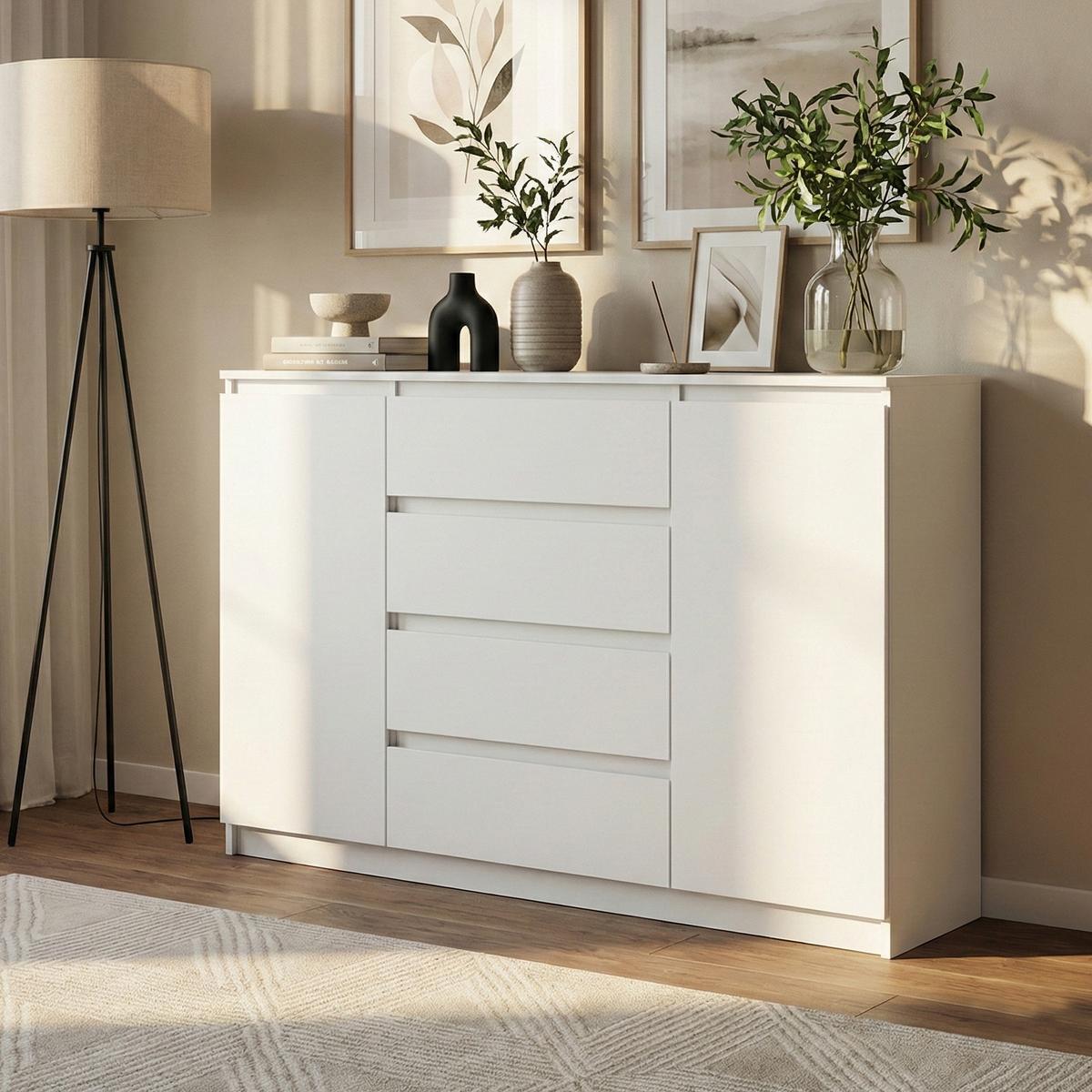 KOMMODE Lemon, mit 2 Türen und 4 Schubladen, 140 cm, Weiß matt - Weiß, Holzwerkstoff (140/101/39cm) - Beautysofa