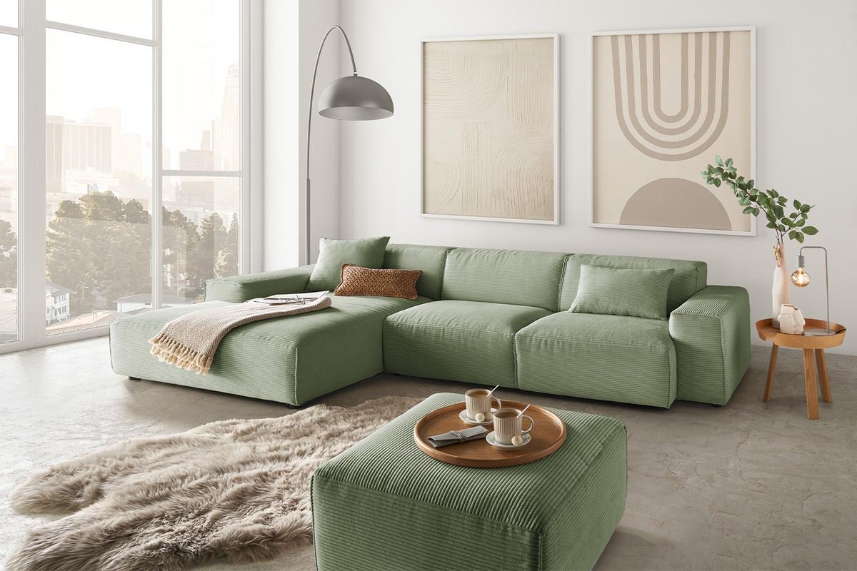 ECKSOFA RANI Grün Cord - Schwarz/Olivgrün, Kunststoff/Textil (299/189cm) - KAWOLA