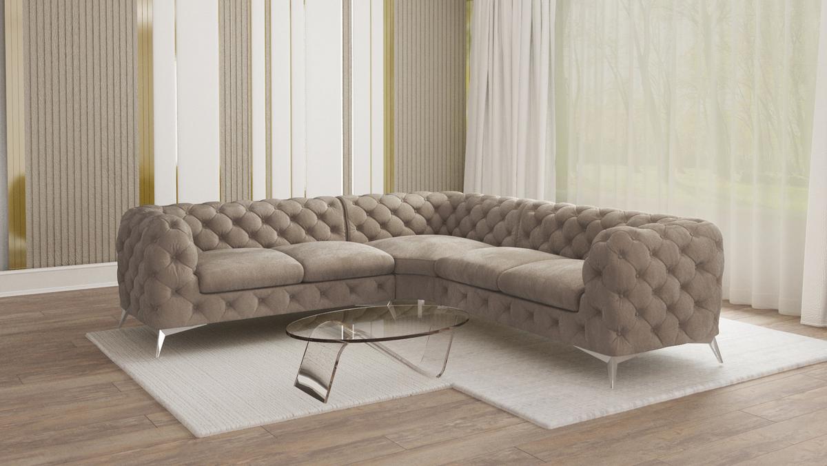 ECKSOFA Chesterfield Laura Dunkle Creme Samt - Silberfarben/Creme, Holz/Textil (264/264cm) - S-Style Möbel