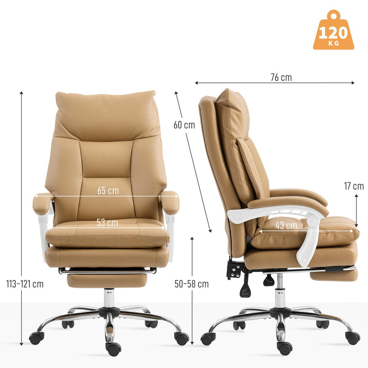 BÜROSTUHL Ergonomischer Schreibtischstuhl mit Lendenwirbelstütze, Fußstütze - Hellbraun/Silberfarben, Kunststoff/Metall (65/121/76cm) - HOMCOM