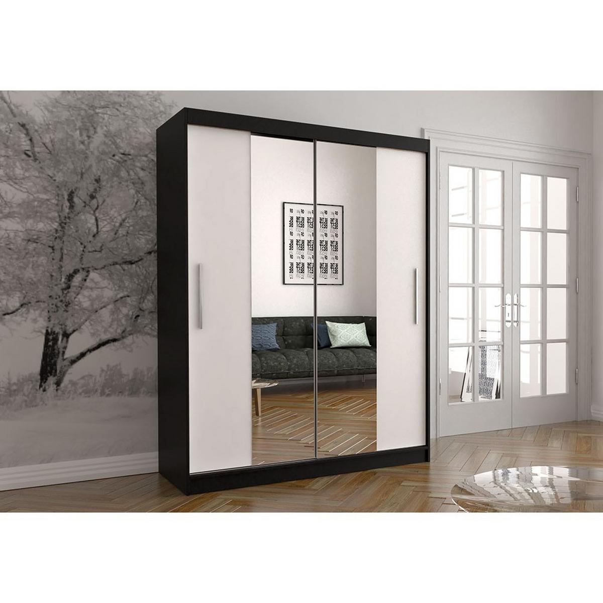 SCHWEBETÜRENSCHRANK Vista 01 Schwarz/Weiß + Spiegel, mit LED- Beleuchtung 150 cm - Alufarben/Schwarz, Glas/Holzwerkstoff (150/200/61cm) - imoebel24