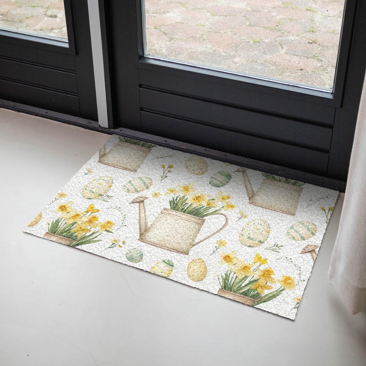 FUSSMATTE Gießkanne - Blumen - Eier Teppichmatte 90x60 cm - Gelb/Weiß, Kunststoff (60/90cm) - MuchoWow