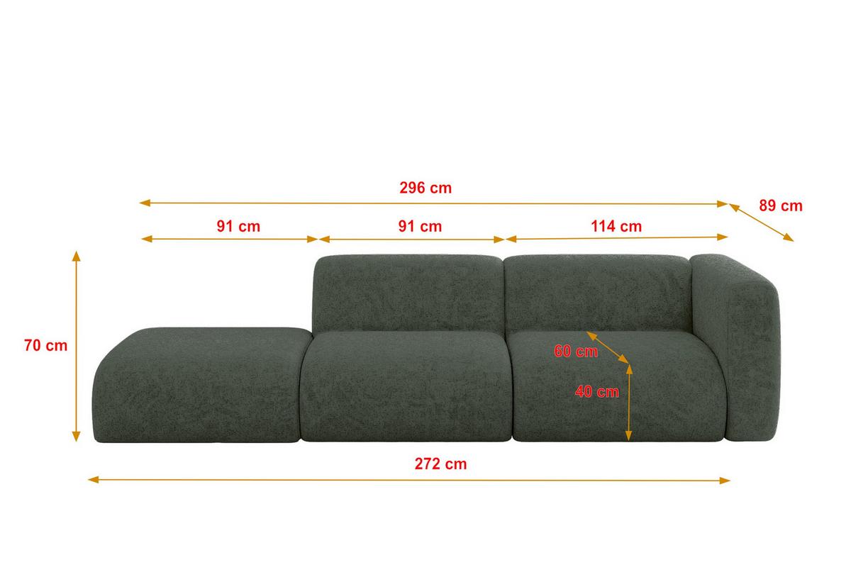 SOFA Ottomane Rechts MIRA-S3 296x89x70 Grün Velours - Schwarz/Grün, Holzwerkstoff/Kunststoff (296/70/89cm) - ALTDECOR