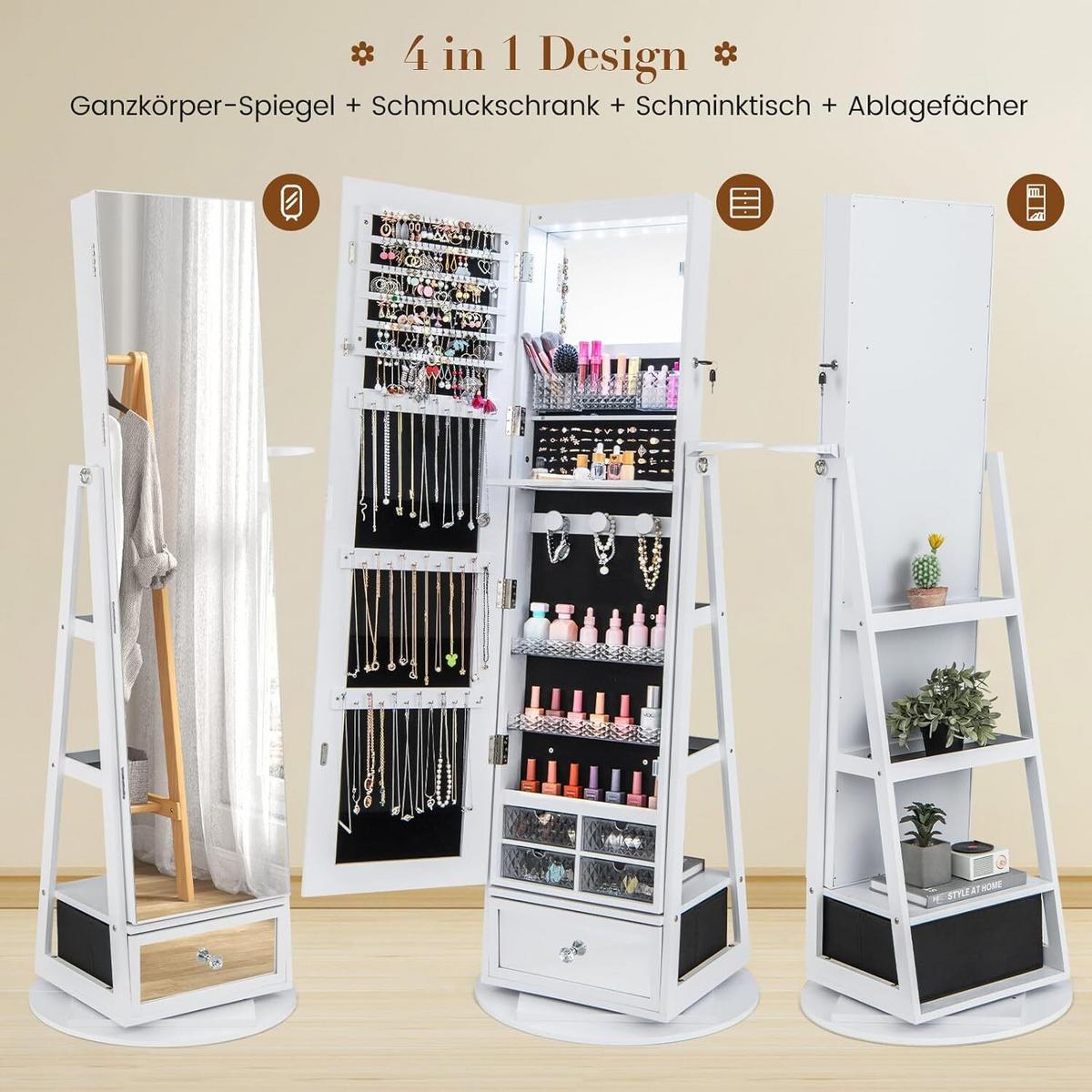 SCHMUCKSCHRANK 164cm Weiß - Weiß, Holz (56/164/37cm) - COSTWAY