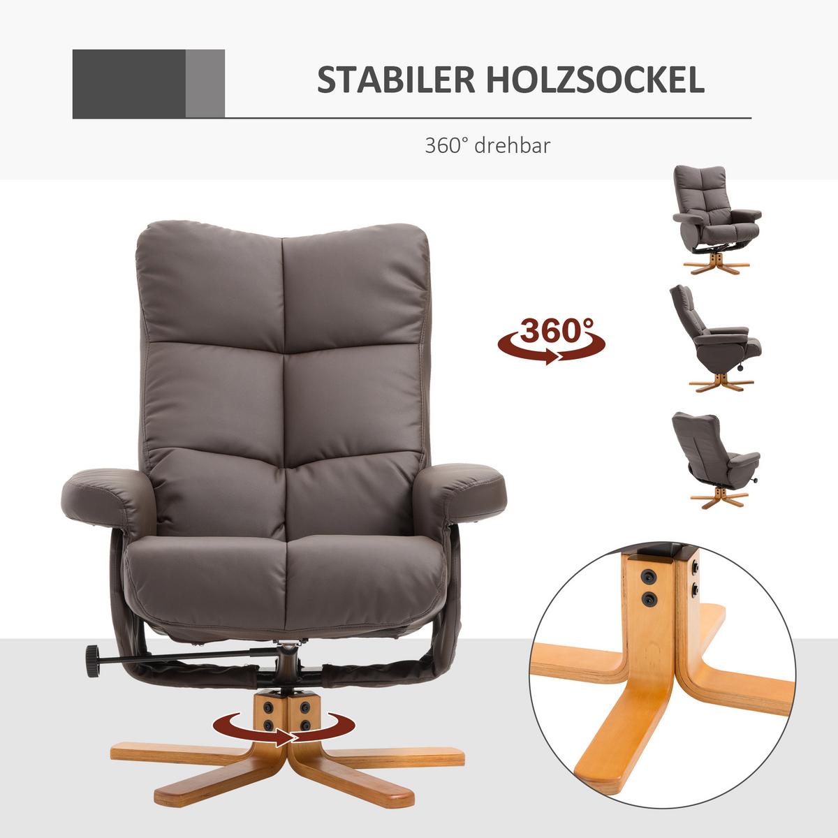 RELAXSESSEL mit Hocker Fernsehsessel 360° drehbar Liegefunktion Holz Braun - Braun, Holz/Kunststoff (86/99/80cm) - HOMCOM