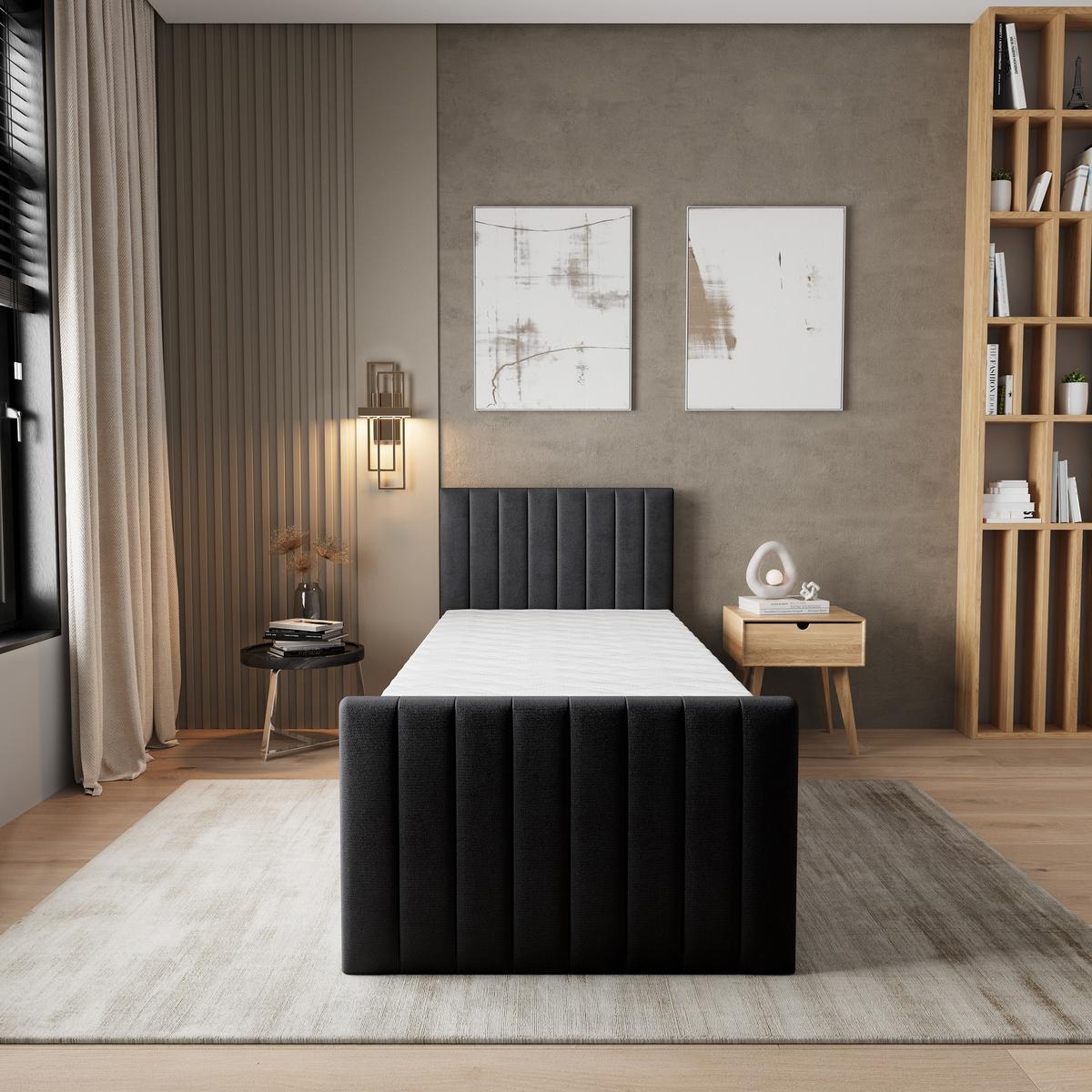 BOXBETT ARION 90 90x200 cm mit Matratze und Topper, H2+H3 - Schwarz - Schwarz, Holz (90/200cm) - MASSENO