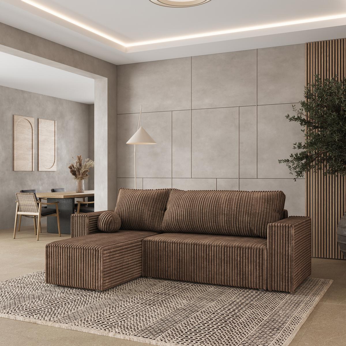 ECKSOFA RAVELO T Beige Kordstoff mit Schlaffunktion - Beige/Grau, Holz/Kunststoff (240/140cm) - MASSENO
