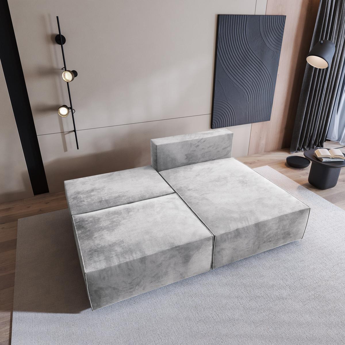 ECKSOFA FIORO M Hellgrau Velours-Stoff mit Schlaffunktion - Hellgrau/Grau, Holz/Kunststoff (204/148cm) - MASSENO