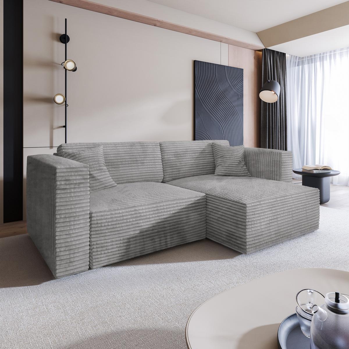 ECKSOFA NERIO Hellgrau Kordstoff mit Schlaffunktion - Grau, Holz (245/148cm) - MASSENO