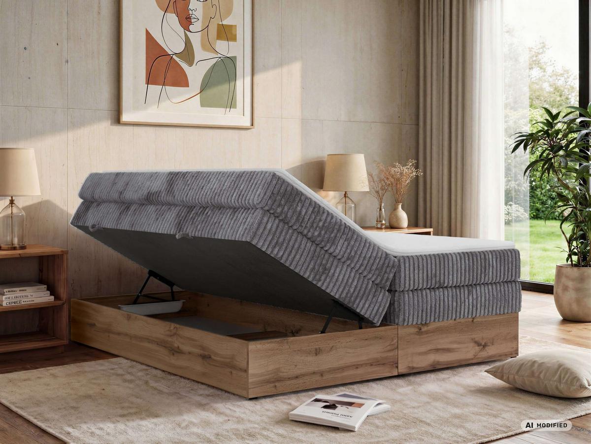 BOXSPRINGBETT WOOD ZERO KING 180/200 - Grau Cord - Topper T25 - H3 - Schwarz/Grau, Kunststoff/Textil (180/200cm) - MKS