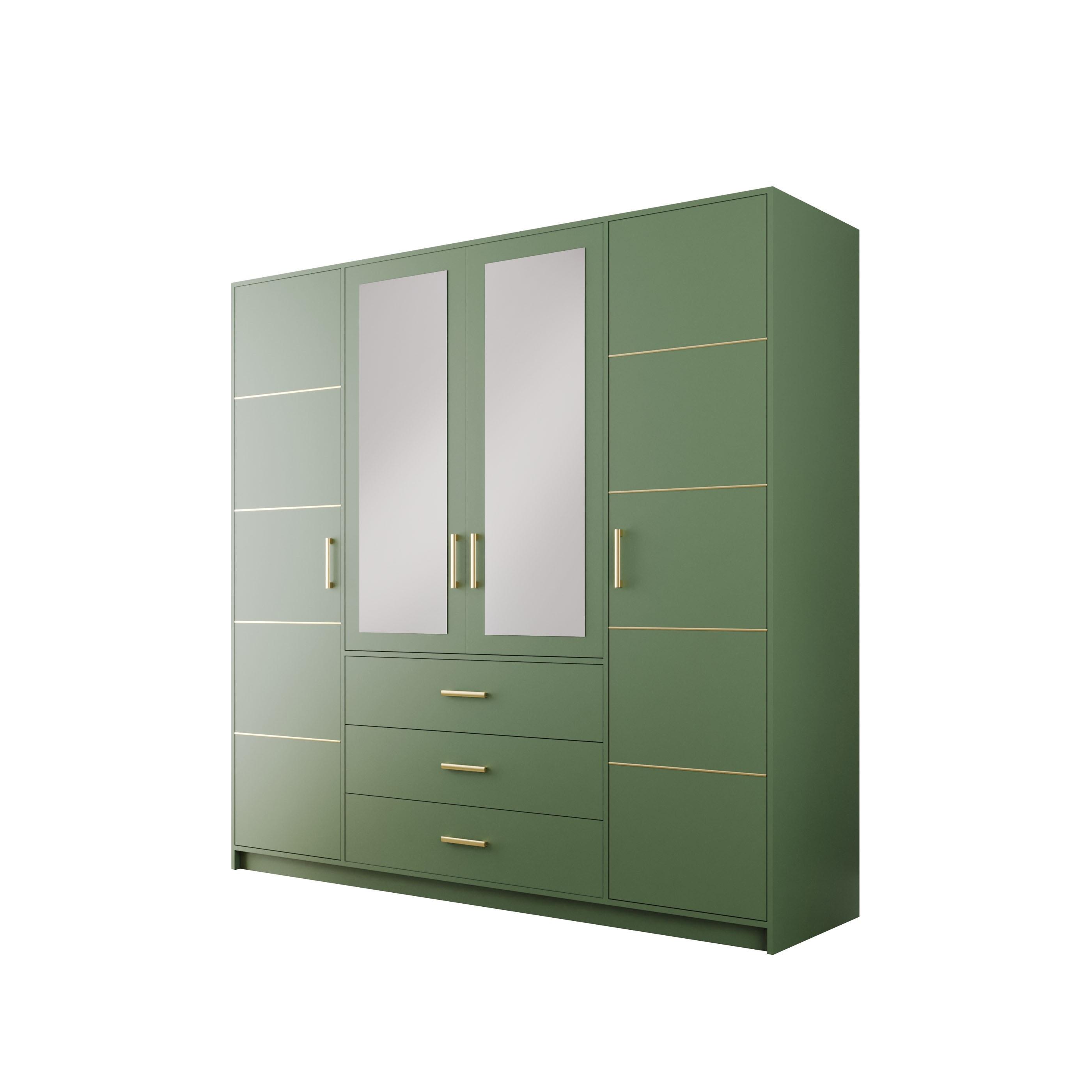 DREHTÜRENSCHRANK ELISE 147/200/57,5 cm 4-türig mit Spiegel Grün - Grün, Holzwerkstoff (147/200/57.5cm) - MASSENO