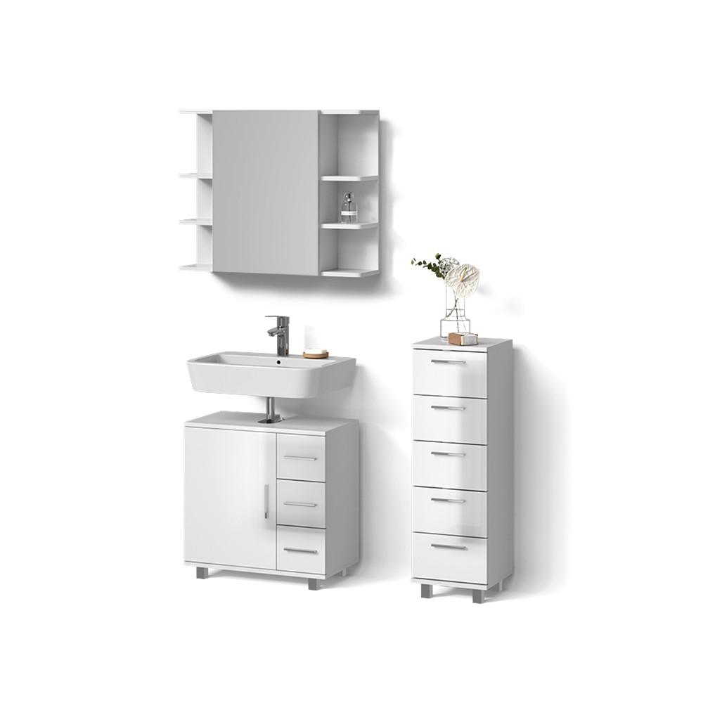 BADMÖBEL-SET Eisak Weiß Hochglanz 3 Teile, mit Midischrank - Weiß Hochglanz, Holzwerkstoff (60/60/33cm) - Livinity®