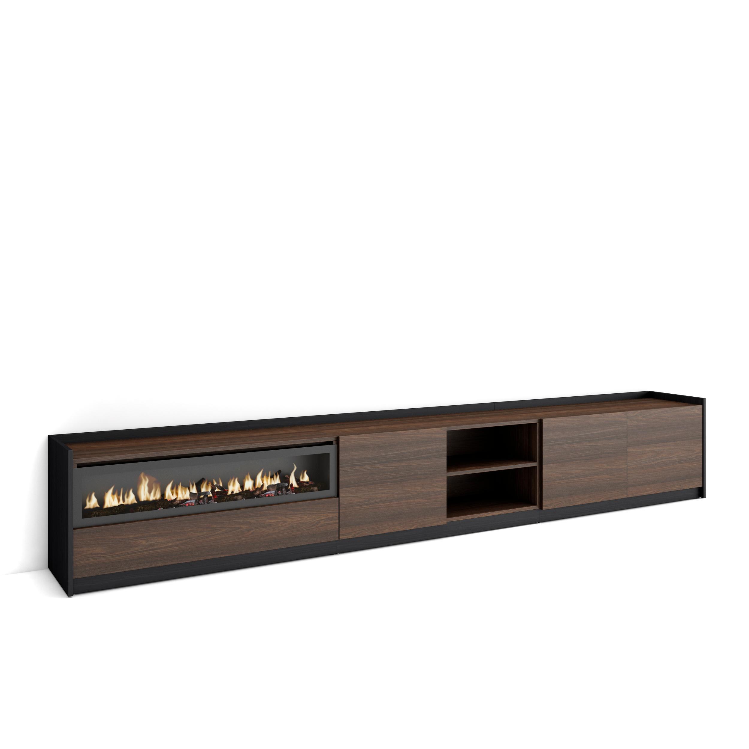 LOWBOARD, Dunkler Eiche und Schwarz, Elektrokamin, 310/37/50cm - Hellbraun, Holzwerkstoff (310/50/37cm) - Skraut Home