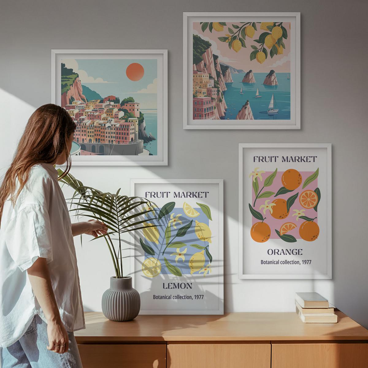 BILDER SET 4er Set - 50x50 cm & 40x60 cm Weißer Rahmen - Obstposter Zitronen Orangen - Weiß, Kunststoff (50/50cm) - TULUP