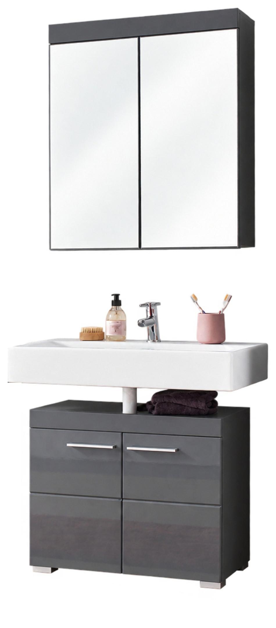 BADMÖBEL-SET grau Hochglanz 2-teilig 60 x 190 cm, Badkombnation in modernem Design - Grau, Glas/Holzwerkstoff (60/77/17cm) - Top.Furn