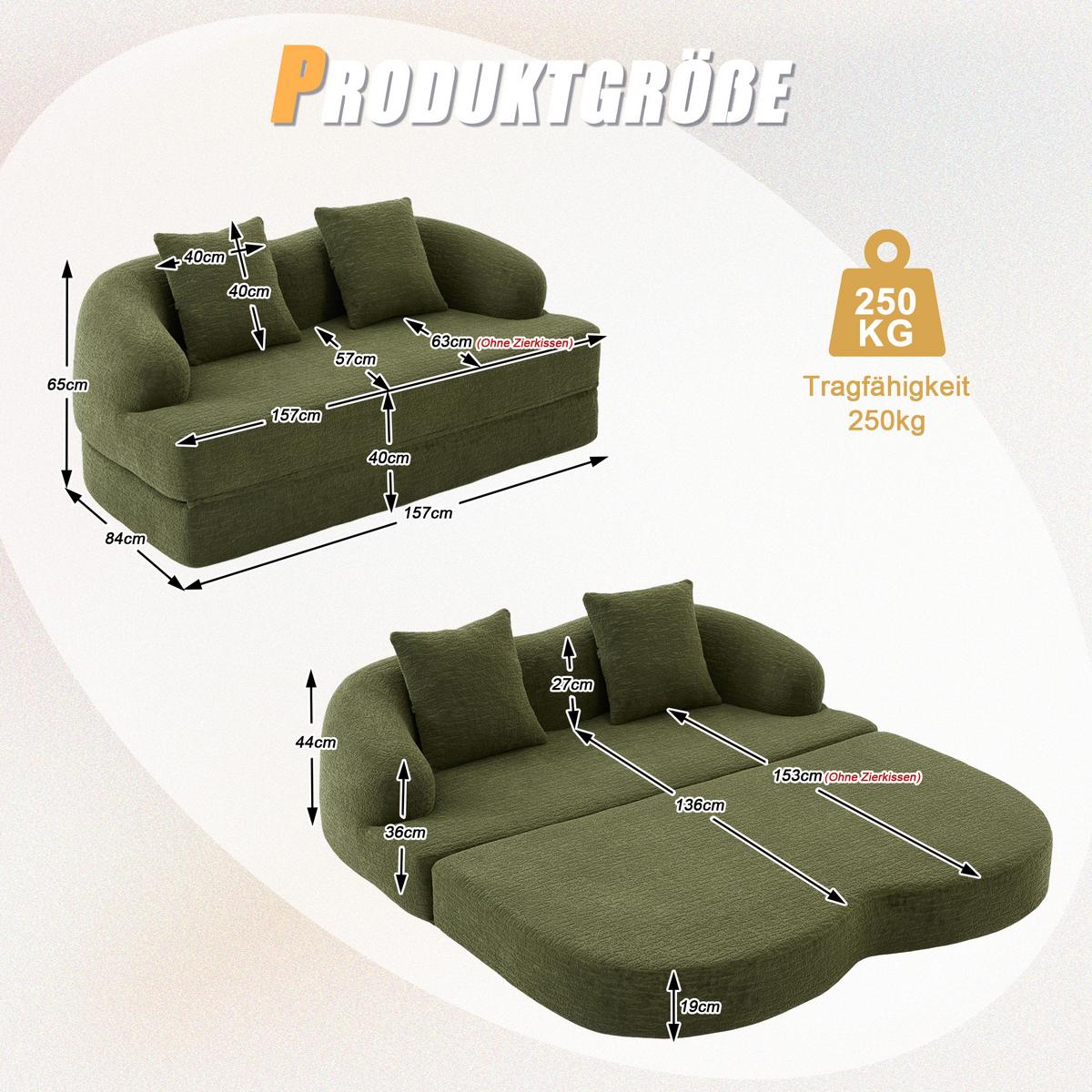 SCHLAFSOFA 2-in-1 Klappbett Grün Chenille 2-Sitzer mit Kissen - Grün, Textil (157/65/84cm) - Urban Meuble