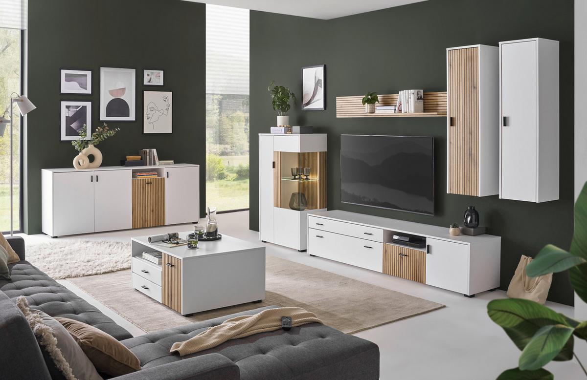 VITRINE weiß matt, Eiche 75 x 180 cm, Vitrinenschrank 10 Fächer und Soft-Close-Funktion - Eichefarben/Schwarz, Glas/Holzwerkstoff (75/180/38cm) - Furn.Design