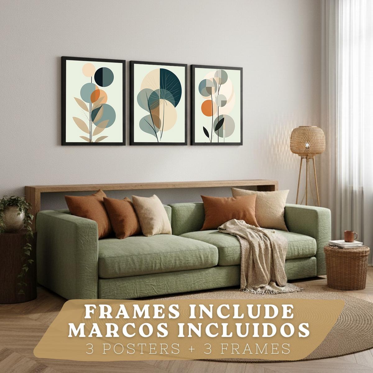 POSTER 3er Kunstdruck-Set Wandbilder Floral Abstrakt Blau Grün modern Wohnzimmer Deko, Schlafzimmer, Küche, Badezimmer Rahmenlos A4 - Schwarz, Papier (29.7/1/21cm) - Nacnic