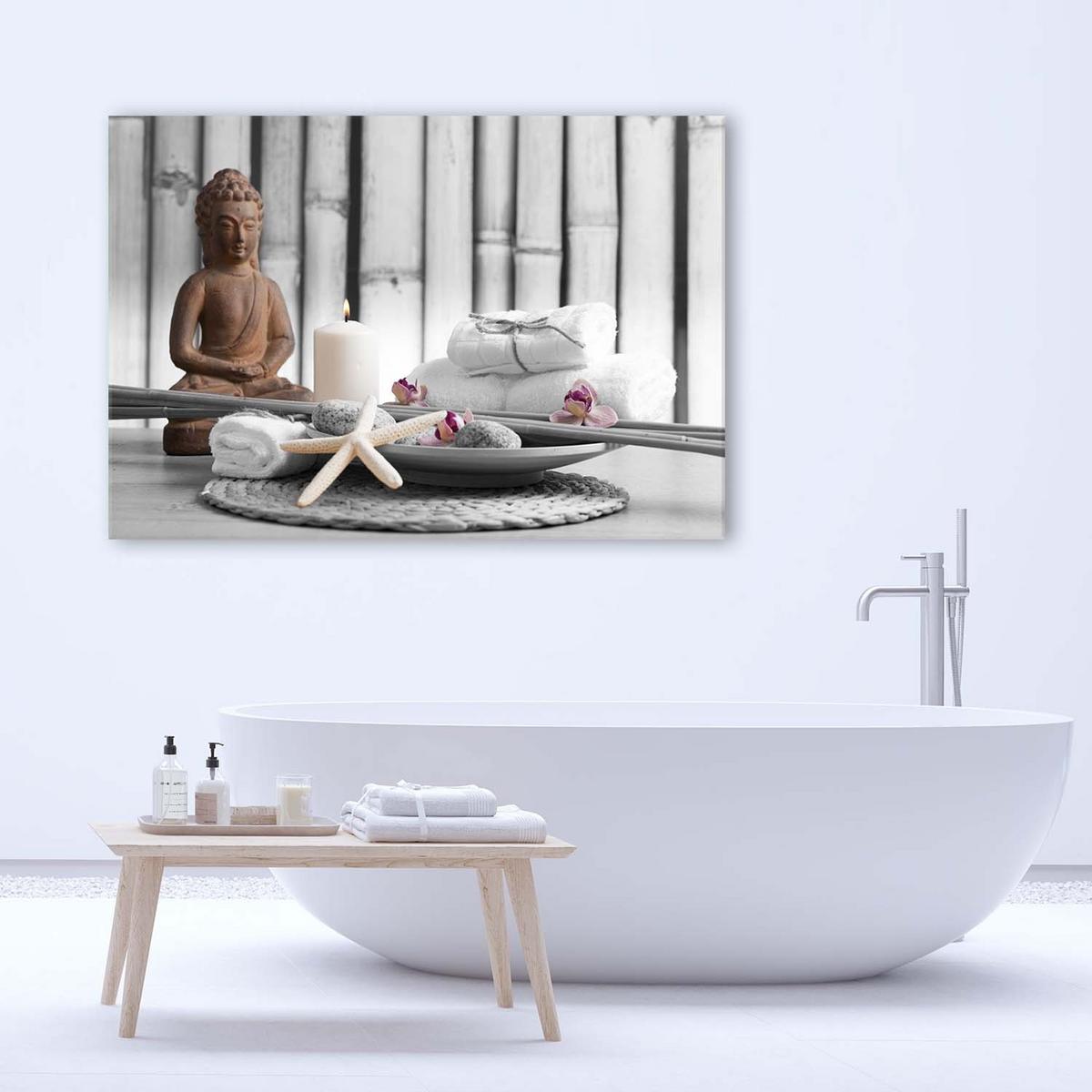 LEINWANDBILD Buddha mit Kerze 60x40cm - Beige, Textil (60/40cm) - Feeby