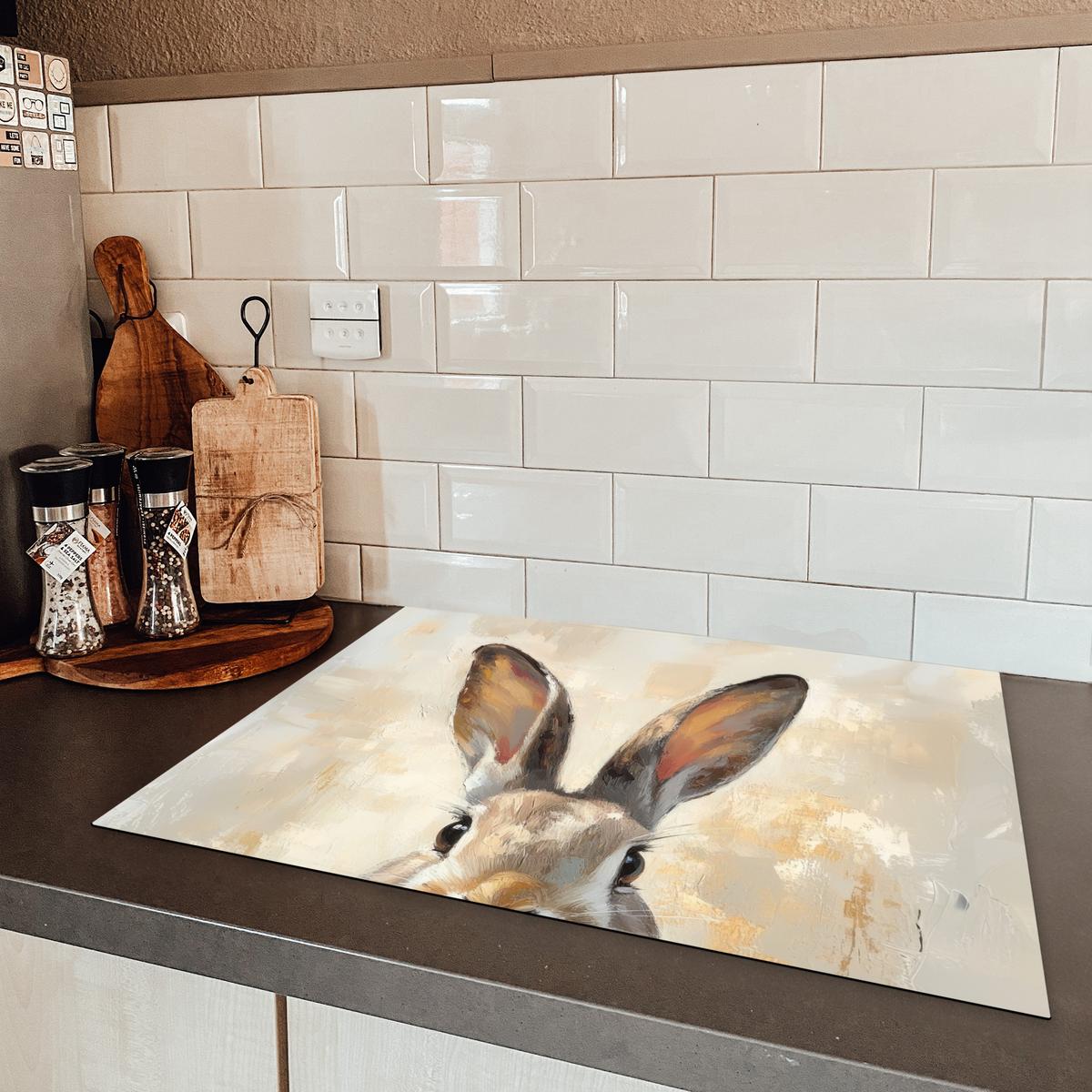 HERDABDECKPLATTE Hase - Ohren - Braun Herdabdeckung Induktionsfeld 70x52 cm - Beige, Kunststoff (70/52/0.2cm) - MuchoWow
