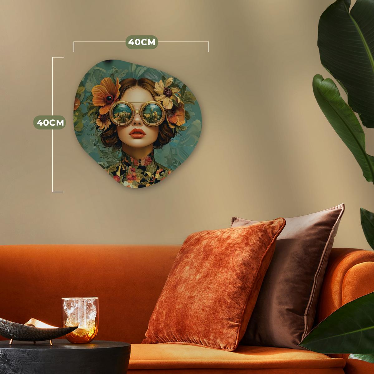 WANDBILD Frau - Blumen - Schmetterlinge - Natur - Vintage Wanddeko 40x40 cm - Petrol, Kunststoff (40/40cm) - MuchoWow