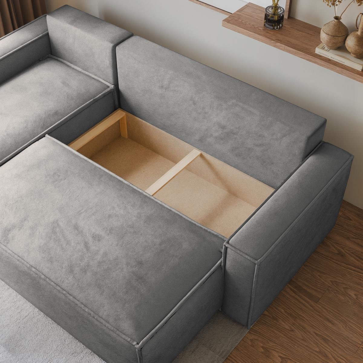 ECKSOFA RAVELO M Hellgrau Velours-Stoff mit Schlaffunktion - Hellgrau/Grau, Holz/Kunststoff (240/140cm) - MASSENO