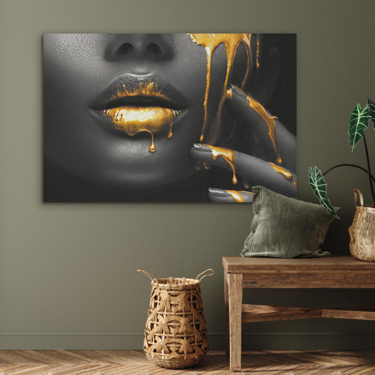 AKUSTIKBILD Frau - Schwarz - Gold - Gesicht - Lippen Wandbild Wohnzimmer 100x70 cm - Goldfarben, Kunststoff (100/70/0.9cm) - MuchoWow