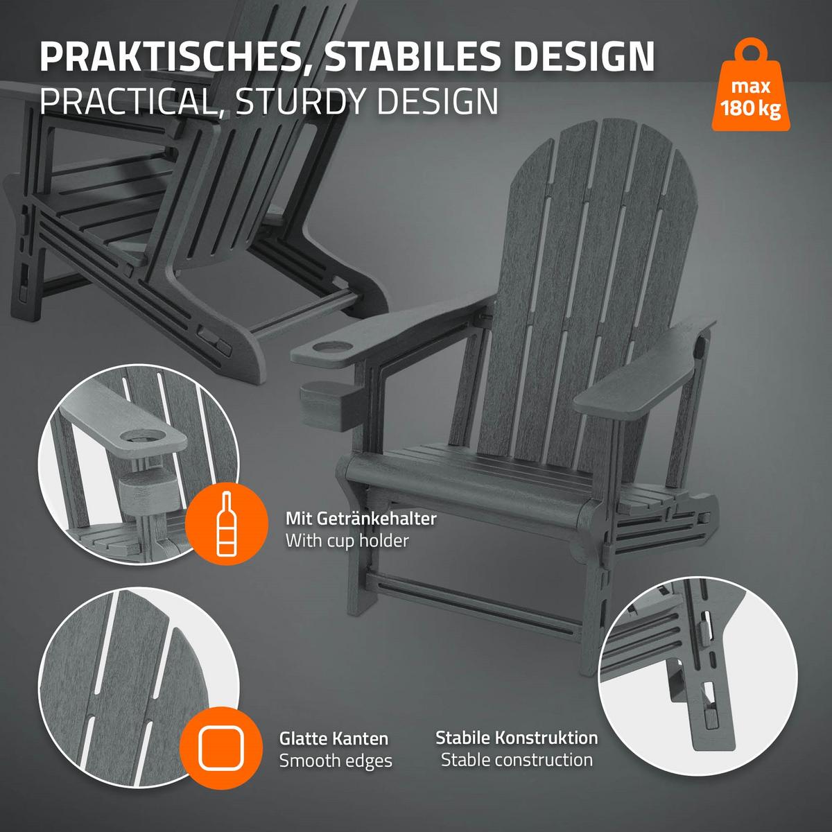 ADIRONDACK LOUNGESTUHL mit Getränkehalter Grau aus Kunststoff - Grau, Kunststoff (54.5/91/76cm) - ML-DESIGN