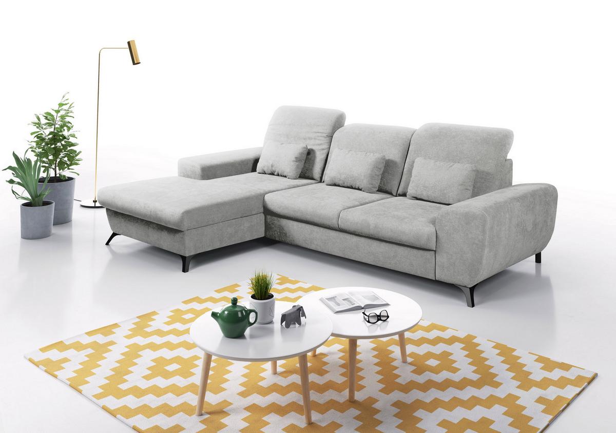 ECKSOFA LUCE L-S Grau Plüsch-Stoff mit Schlaffunktion - Grau, Holz (279/172cm) - MASSENO