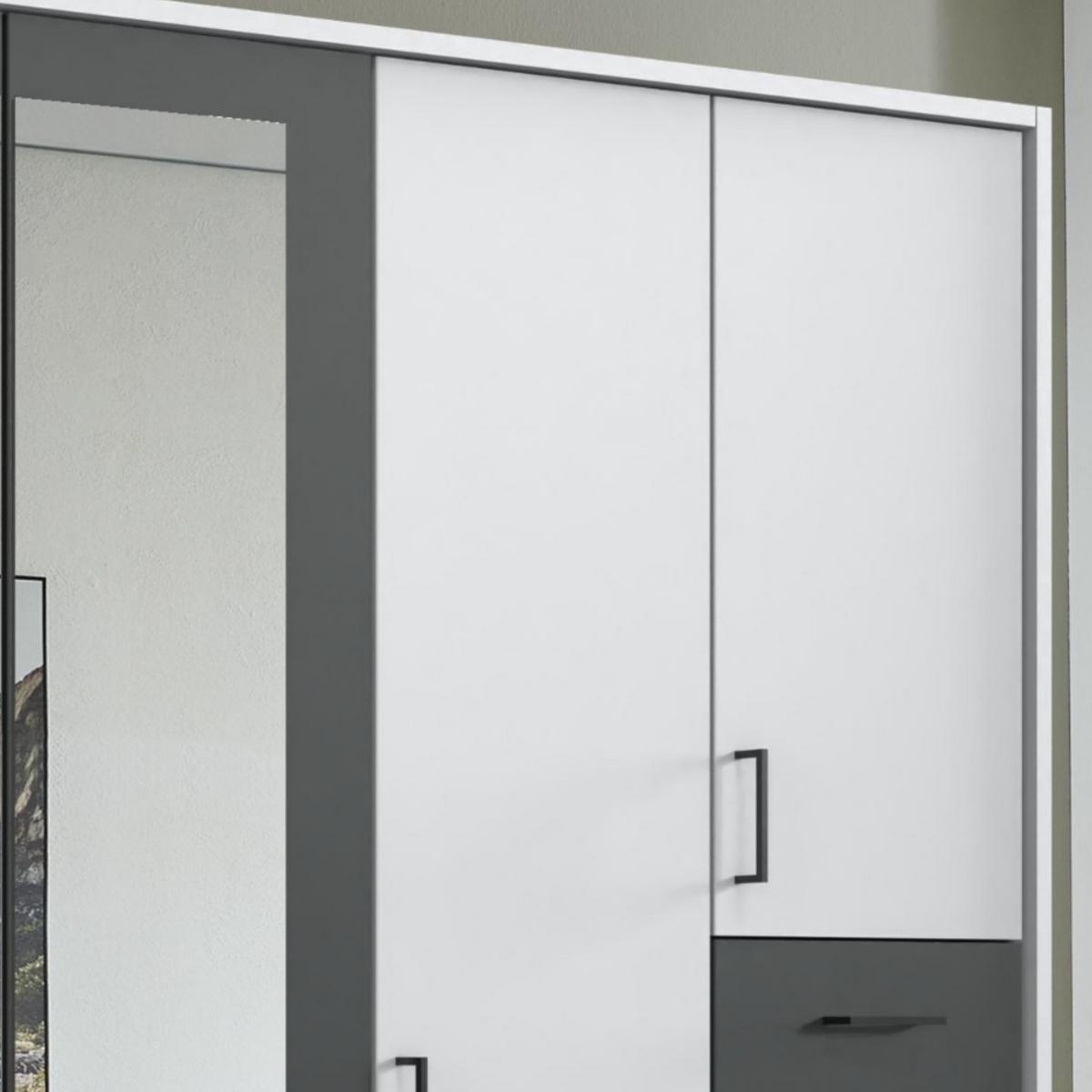 DREHTÜRENSCHRANK B313/H210/T58 cm, Weiß mit Absetzungen in Grafit, Kleiderschrank mit Passepartout&3Spiegeltüren&Schubkästen, Griffe schwarz / 22584 - Graphitfarben/Schwarz, Holzwerkstoff/Kunststoff (313/210/58cm) - luma-home