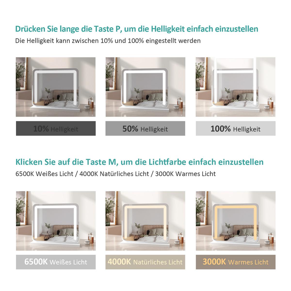 SCHMINKSPIEGEL mit Beleuchtung, Weiß, 50/41,6/11,8 cm - Weiß, Glas (50/41.6/11.8cm) - EMKE