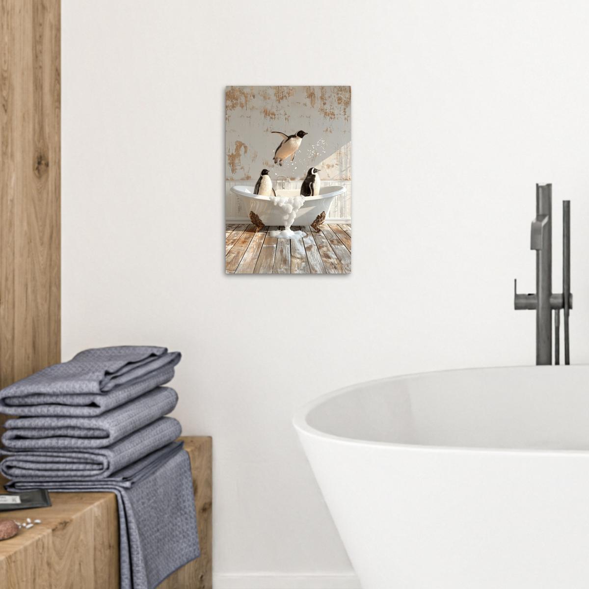 LEINWANDBILD Vintage - Pinguin - Badewanne - Schaumstoff Deko Wohnzimmer 20x30 cm - Schwarz, Textil (20/30cm) - MuchoWow