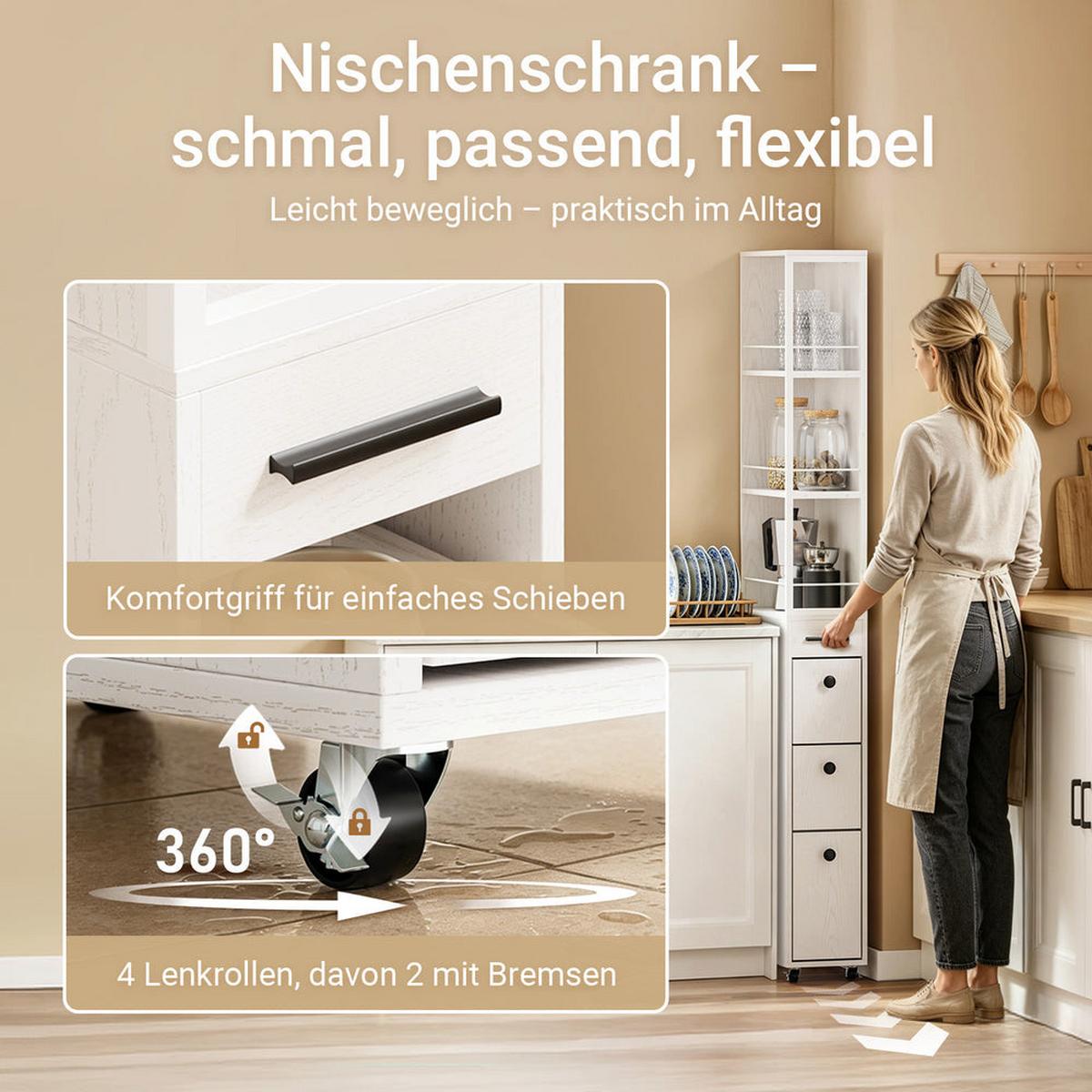 NISCHENSCHRANK mit 3 Schubladen und 3 offenen Regalen 40×20×170 cm - Weiß, Fell (20/170/40cm) - SoBuy