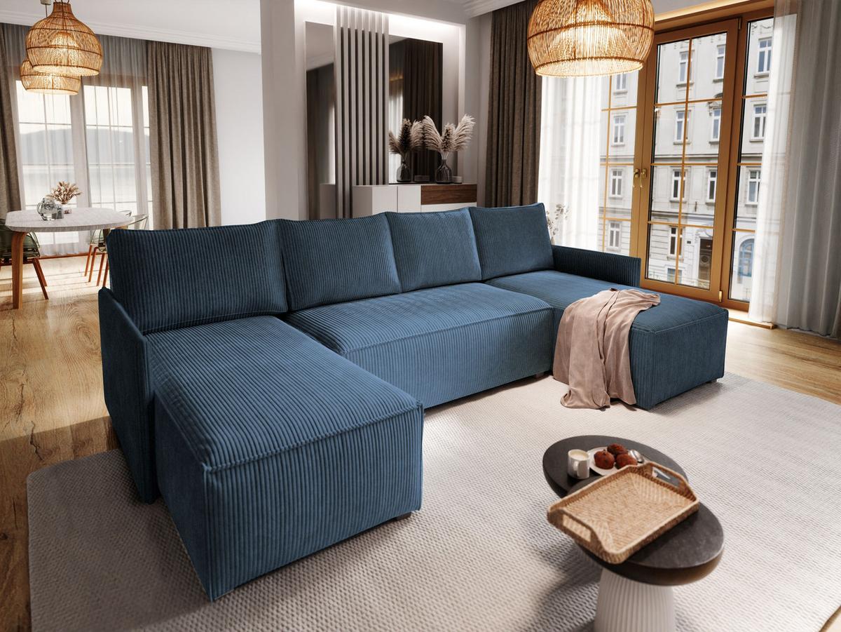 WOHNLANDSCHAFT TRES Blau Kordstoff mit Schlaffunktion - Blau/Grau, Holz/Kunststoff (271/85/140cm) - MASSENO