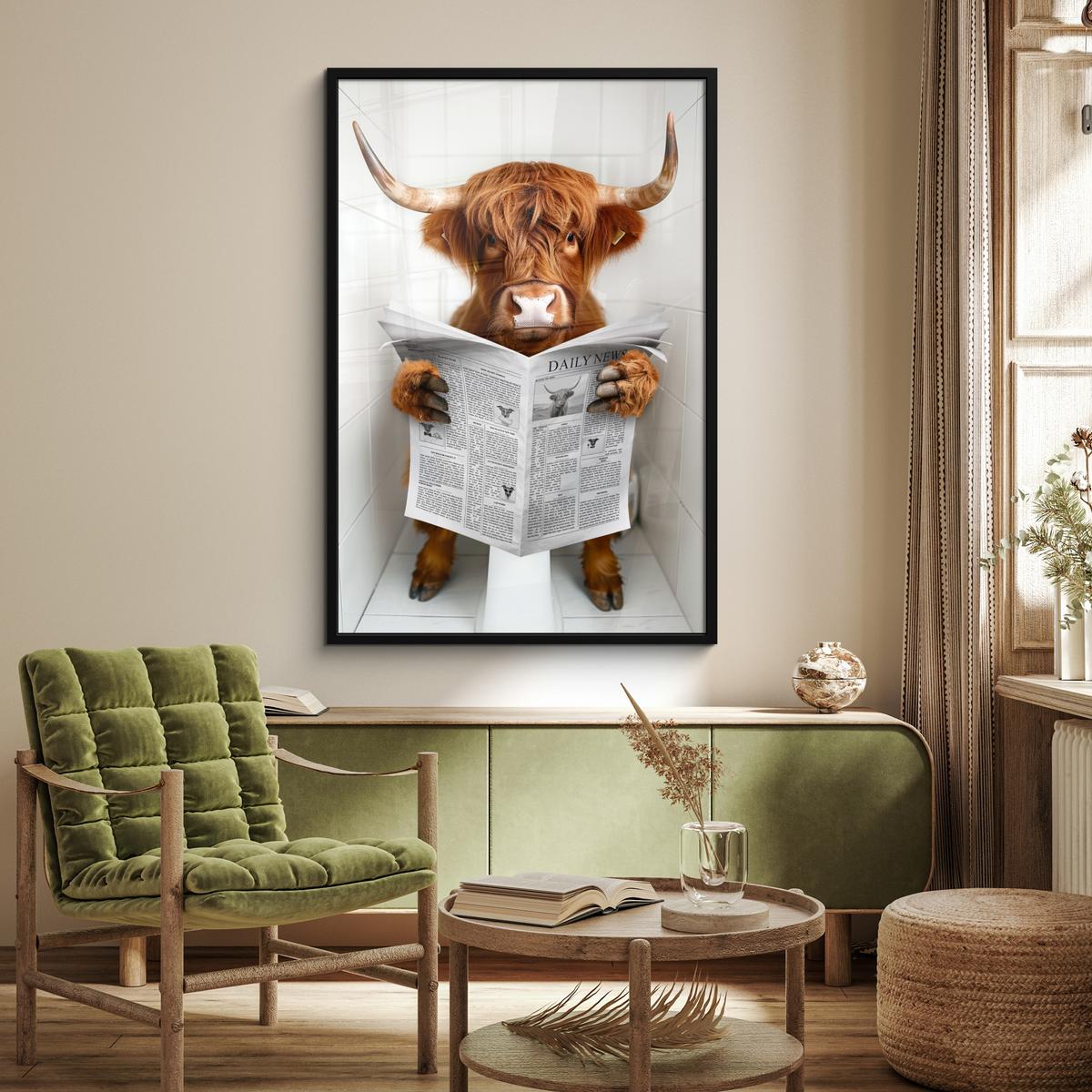 POSTER MIT RAHMEN Schottischer Highlander - Tier - Zeitung - Toilette Bilderleiste 80x120 cm - Kastanienfarben, Papier (80/120cm) - MuchoWow