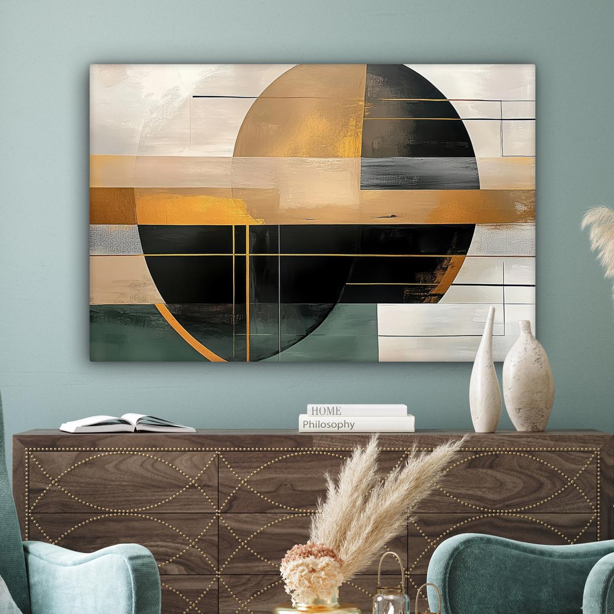 LEINWANDBILD Abstrakt - Gold - Bronze - Grün - Formen - Modern Wohnzimmer Groß 120x80 cm - Multicolor, Textil (120/80cm) - MuchoWow