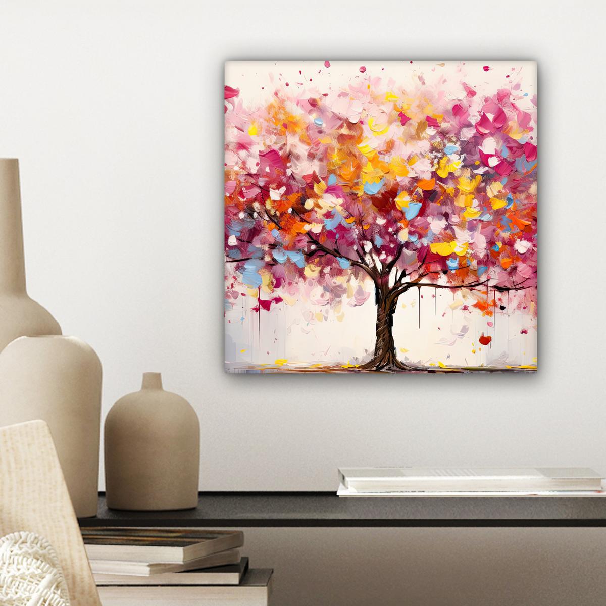 LEINWANDBILD Aquarell - Baum - Kunst - Abstrakt Deko Wohnzimmer 20x20 cm - Rosa, Textil (20/20cm) - MuchoWow
