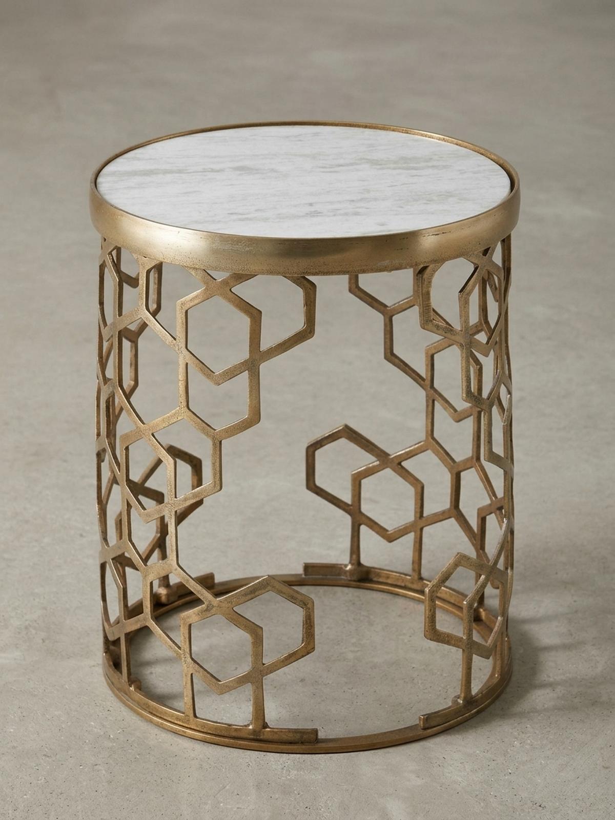 BEISTELLTISCH – Rund Marmoroptik Goldfarben Metall 44 cm Durchmesser - Goldfarben/Weiß, Stein/Metall (46/46/55cm) - KADIMA DESIGN