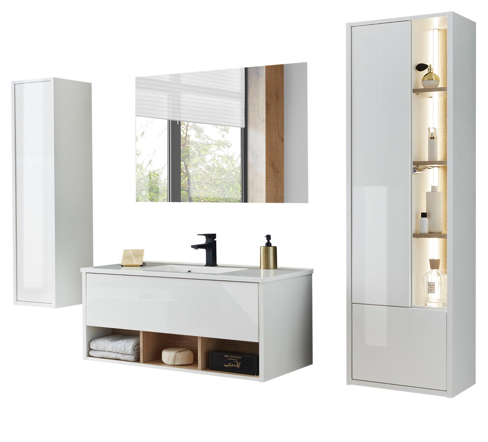 BADMÖBEL-SET weiß Hochglanz, Eiche mit Waschbecken und LED Beleuchtung 195 x 190 cm Glide - Weiß Hochglanz/Eichefarben, Glas/Holzwerkstoff (195/190/47cm) - Furn.Design