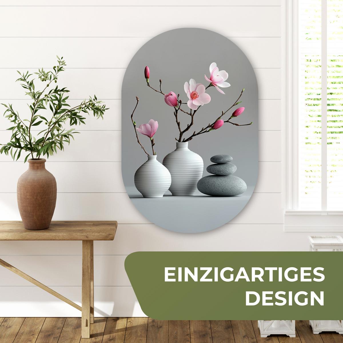 WANDBILD Magnolie - Blumen - Rosa - Zen-Steine Wanddeko Schlafzimmer 60x90 cm - Hellgrau, Kunststoff (60/90cm) - MuchoWow