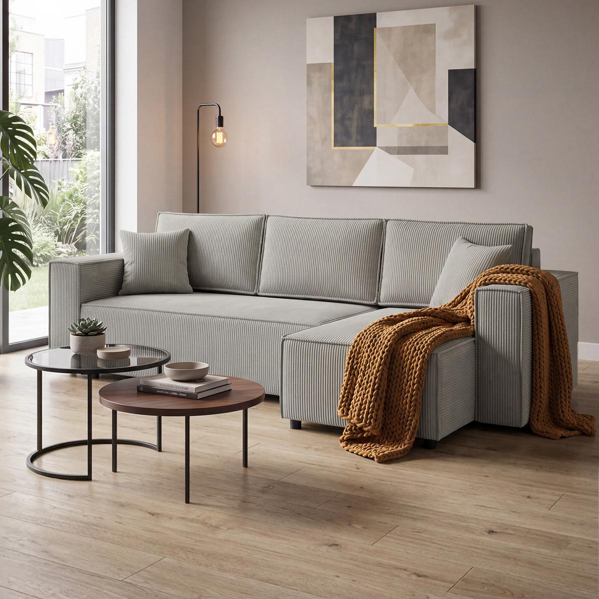 ECKSCHLAFSOFA Neapol mit Bettkasten, 255 cm, Cord-Stoff, Cappuccino - Schwarz/Cappuccino, Textil (256/148cm) - Beautysofa
