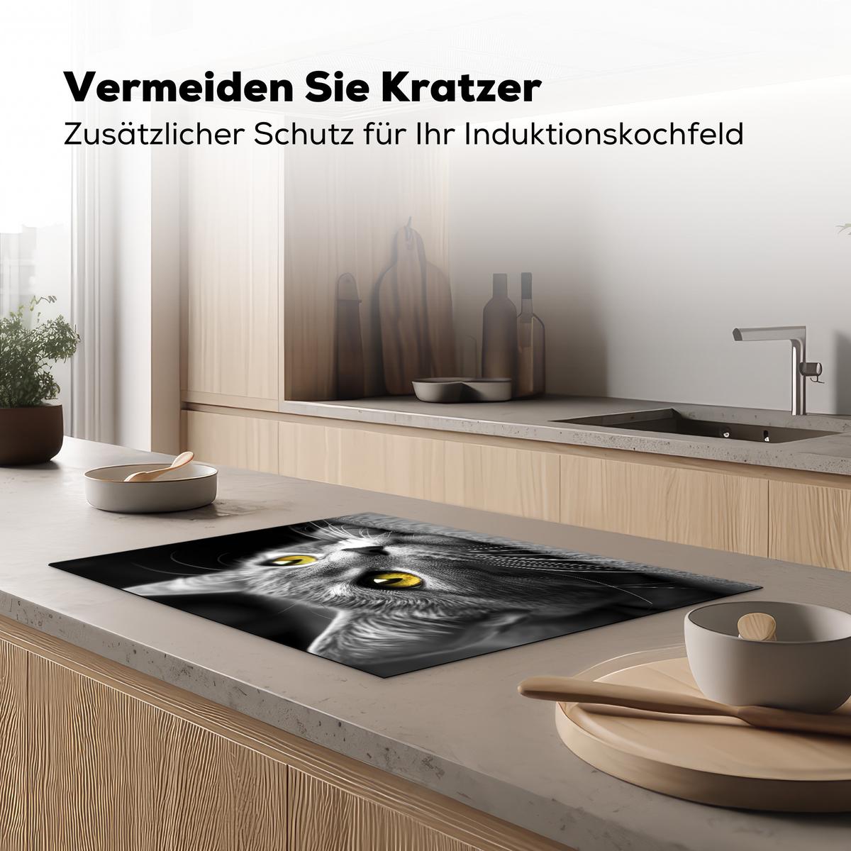 HERDABDECKPLATTE Katze - Grau - Tiere - Katze Herdabdeckung Induktionsfeld 75x52 cm - Grau, Kunststoff (75/52/0.2cm) - MuchoWow