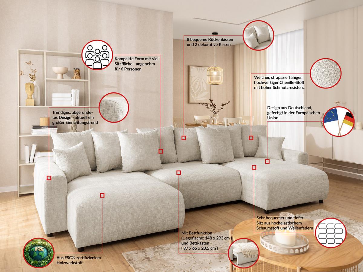 WOHNLANDSCHAFT Calma mit Schlaffunktion und Bettkasten im Bumpy-Design aus weichem Beige Chenille-Stoff - Beige/Schwarz, Holz/Kunststoff (336/88/140cm) - S-Style Möbel
