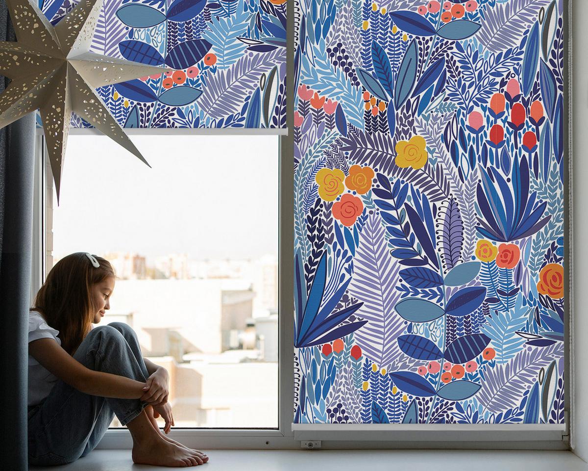 INNENROLLO - Fensterrollo - Rollo - 90x180 cm - Bunte Pflanzen - Blau, Kunststoff (90/180/0.5cm) - TULUP