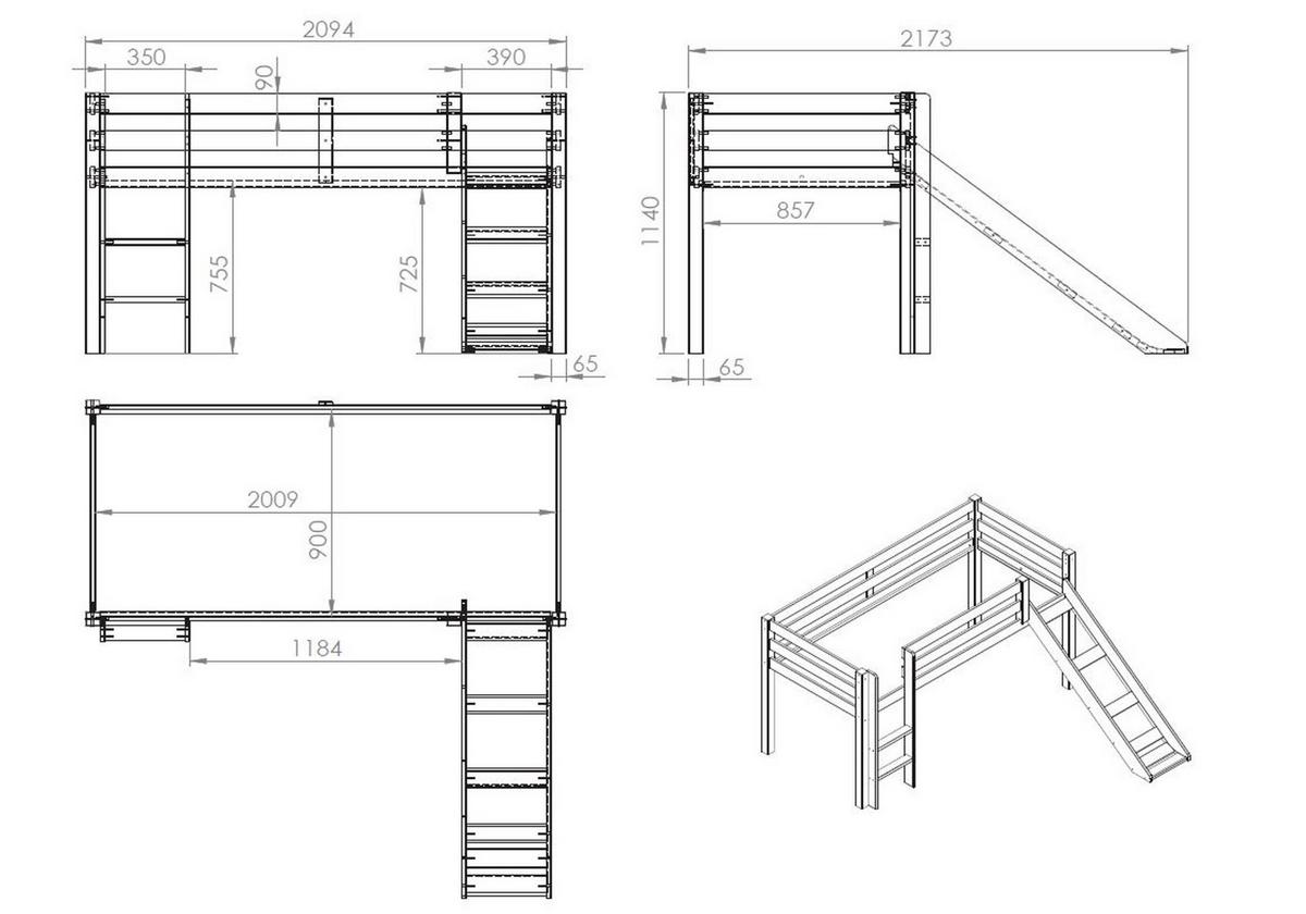HOCHBETT mit Rutsche Karolina 210x114x218 aus Massivholz in grau - Grau, Holz (90/200cm) - 58aufmkessel
